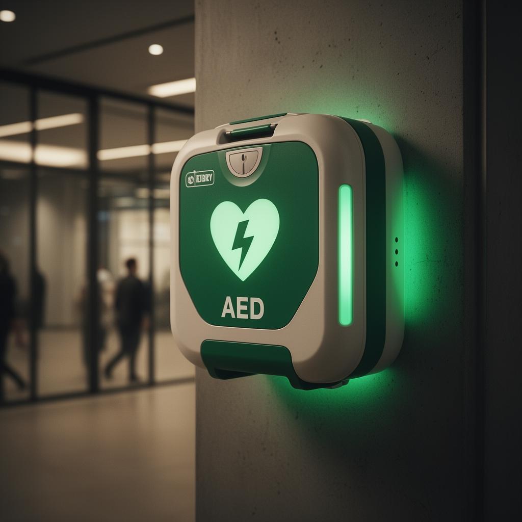 An AED device mounted on a wall in a public space, ready to be used